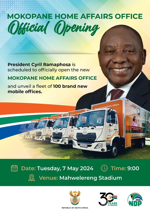 REMINDER: President @CyrilRamaphosa will on Tuesday officially open a new, purpose-built Home Affairs office in Mokopane, and unveil 100 new mobile offices that will extend the reach of the Department’s services. shorturl.at/AFUW3 #LeaveNoOneBehind 🇿🇦