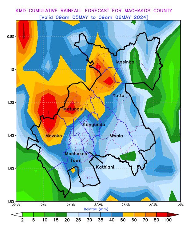 Kiambu, Muranga, Kajiado and Machakos counties rainfall forecast maps