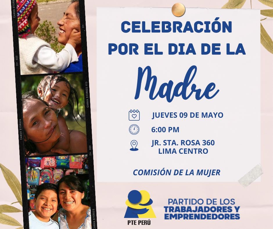🟡🔵 ¡HOMENAJE POR EL DÍA DE LA MADRE!

El CEN del Partido de los Trabajadores y Emprendedores - PTE, invita a las madres, amigos, dirigentes y público en general, al agasajo por el Día de la Madre

📆: Jueves 09 de mayo
🕕: 6:00 PM
📍: Jr. Sta. Rosa 360, Cercado de Lima