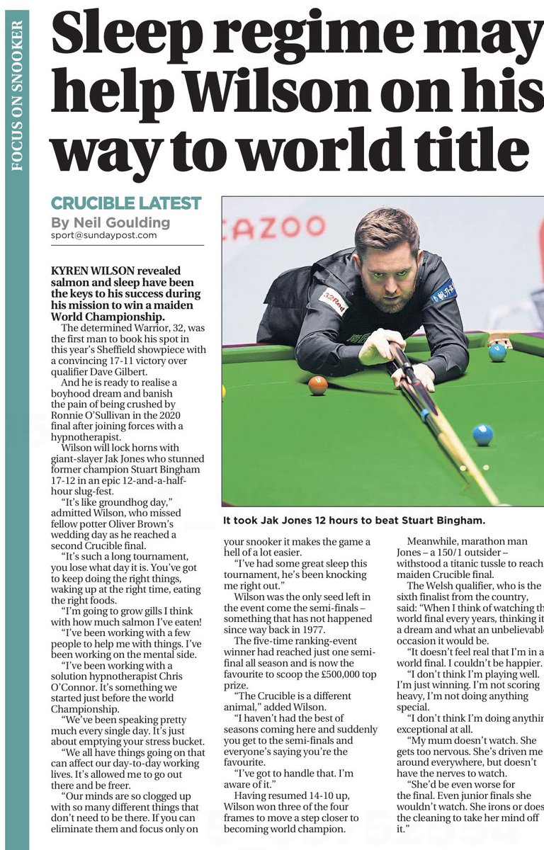 Top potter @KyrenWilson has revealed salmon and sleep has been the secret to his success at the World Championship in Sheffield @Sunday_Post