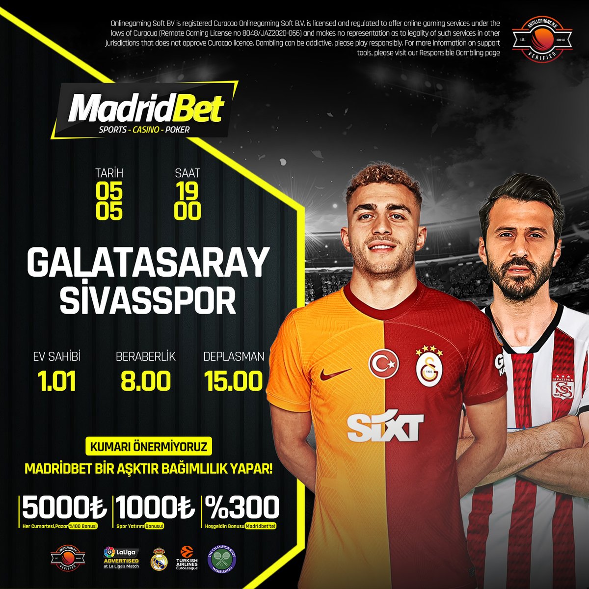 MAÇ ALARMI! ⚽️ Sivasspor - Galatasaray karşılaşması bu akşam HD kalitede Madridbet'de sizlerle! 🔥 Dilerseniz maçın her dakikasında canlı bahis ile heyecana ortak olun! Sadece maçı izlemekle kalmayın, aynı zamanda kazanmanın tadını çıkarın! 💝 Hala Madridbet üyesi…