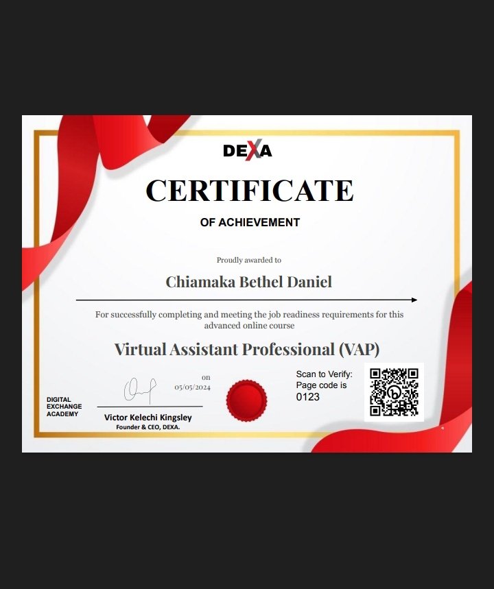 I'm excited to share that I've earned my virtual assistant professional certificate. Thank you @Learnwithdexa for this opportunity to enhance my skills and it's been an incredible learning experience. I can't wait to apply my newfound skills to assist and support others.