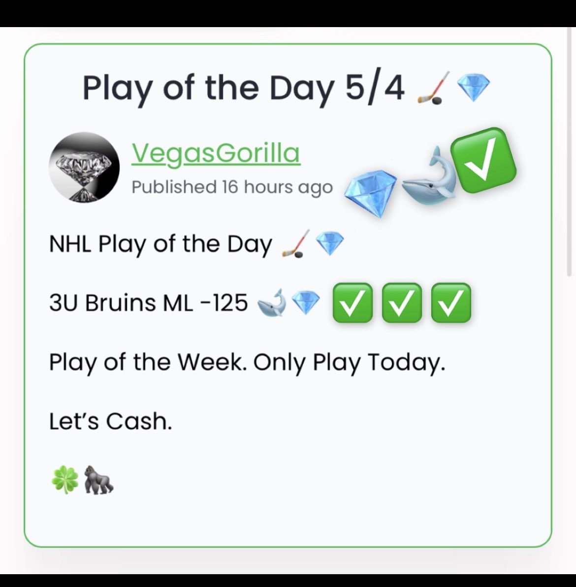 VG Play of the Week Recap 💎🐋✅ CASHHH The VIP Play of the Week.💎✅ 3U Bruins ML -125 🐋💎✅✅✅ Another Play of the Week Cashes in the Jungle. Sunday VIP Plays out Next. 7-DAY FREE FULL ACCESS TRIAL.💎🚨⬇️ VIP SUB💎⏭️ dubclub.win/r/p/pri-v8t2g/… 🍀🦍
