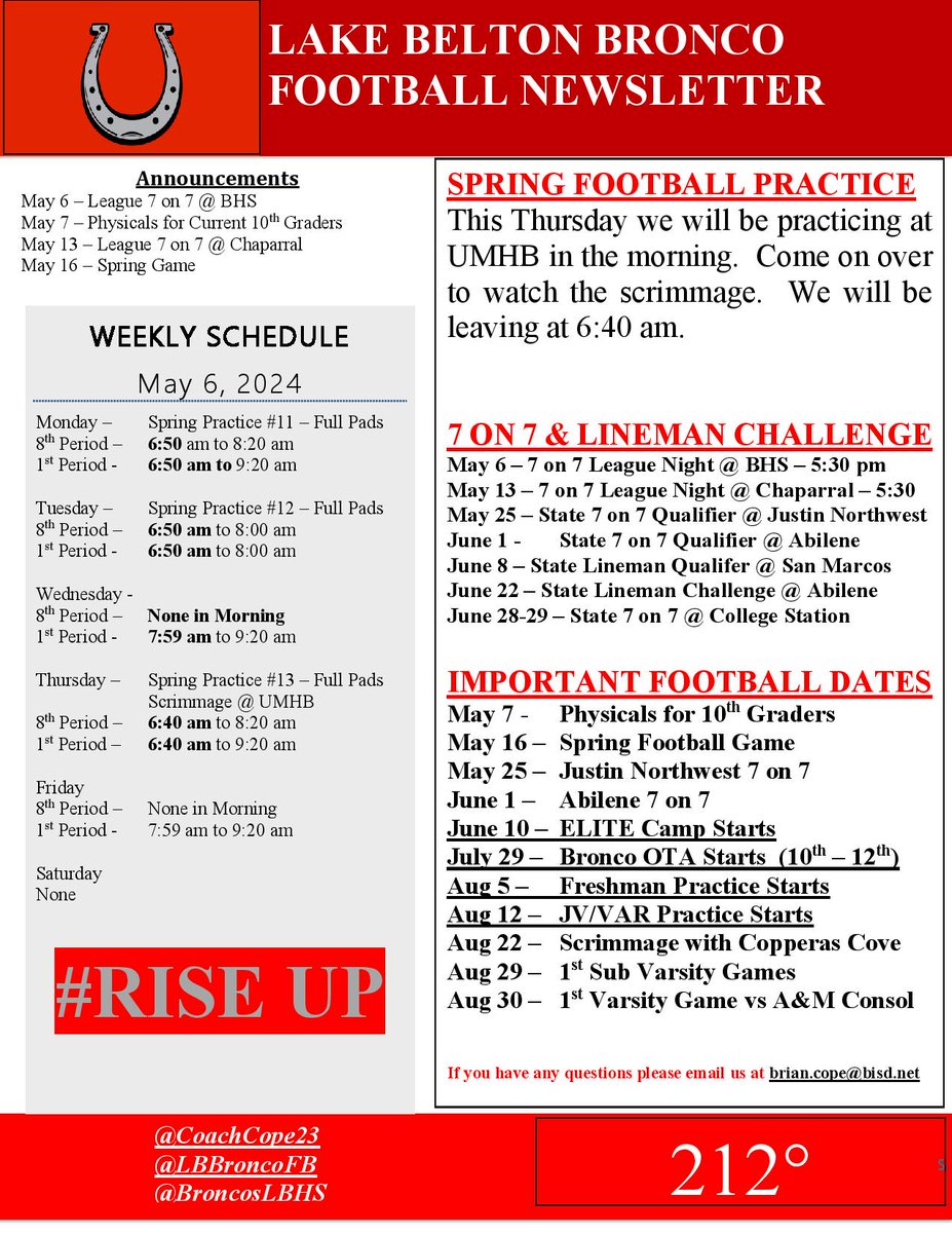 Bronco Football Weekly Newsletter! Scrimmage at UMHB this week.