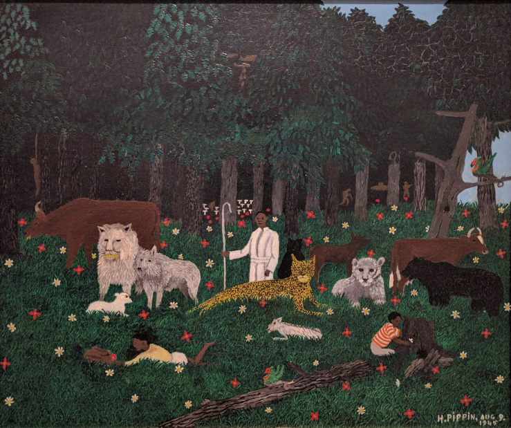 Horace Pippin turned to painting to address the physical & psychic injuries he sustained as a WWI soldier & reflect on American culture & history. His Holy Mountain series endeavored to envision “peace in the land” of a troubled world. This is Pippin’s Holy Mountain III made 1945