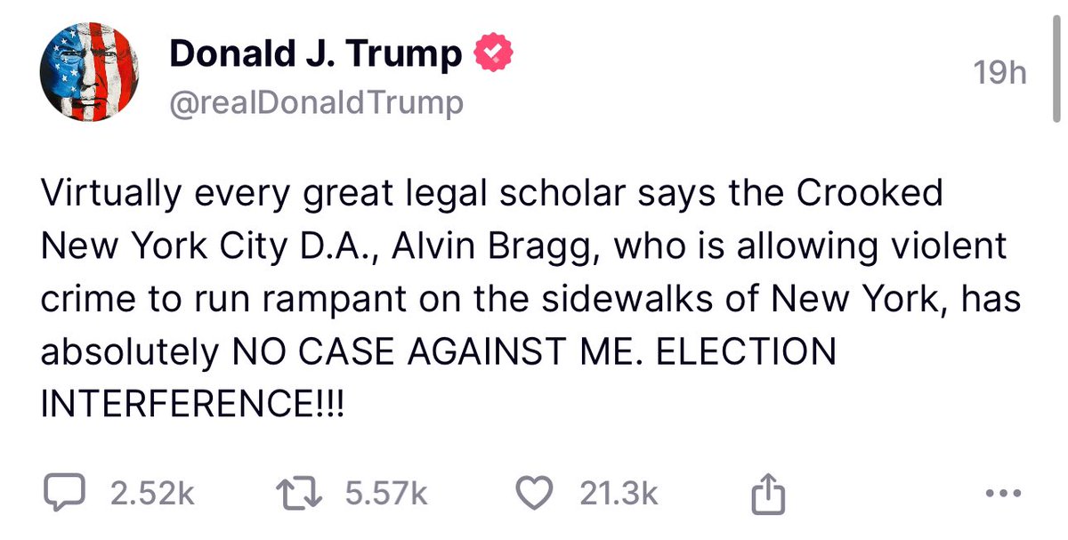 President Trump has a new statement on Truth Social about @ManhattanDA Alvin Bragg and his refusal to address real crime in NYC while he carries out a Witch Hunt against Trump. 

Donald Trump Did Nothing Wrong!  #Trump2024