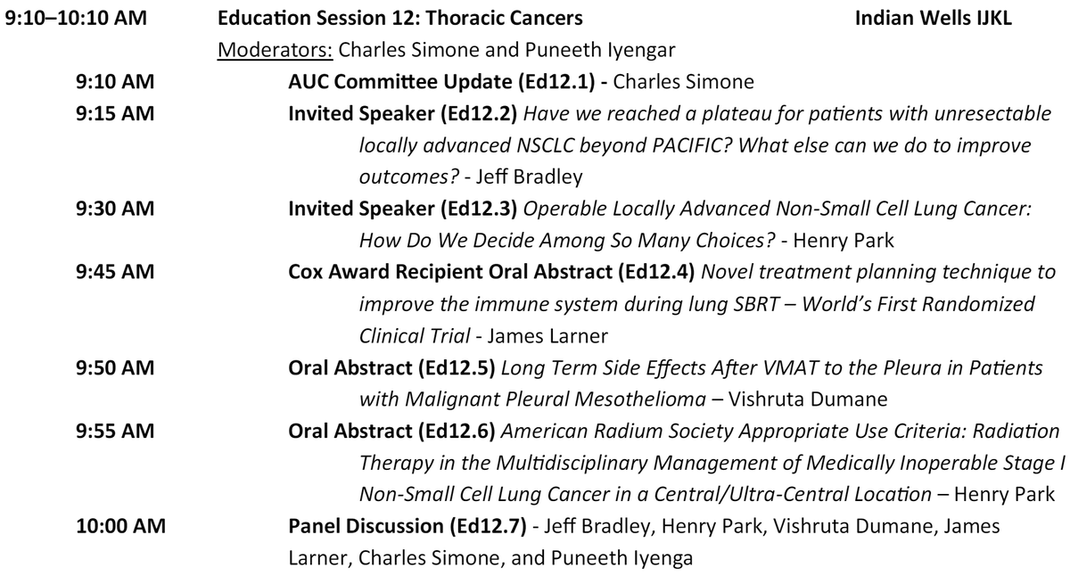 Final session of @RadiumSociety conference on thoracic cancers today at 9:10-10:10 am PST! I'll be speaking about potentially resectable/operable LA-NSCLC and inoperable central/ultracentral ES-NSCLC, and hear from Drs. Chuck Simone, @IyengarPuneeth @JeffBradleyMD, and others!