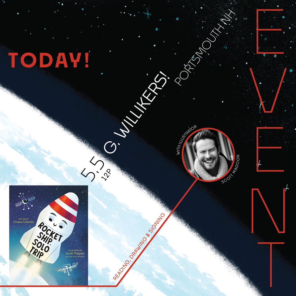 Bring the crew to @GWillikersNH today— I’ll be part of Children’s Day event, meeting young readers, parents to read & sign copies of my new book by @chiarabcolombi, ROCKET SHIP, SOLO TRIP & more. Be sure to get your special ROCKET mission sticker! 12-4. Hope to see you & thx!