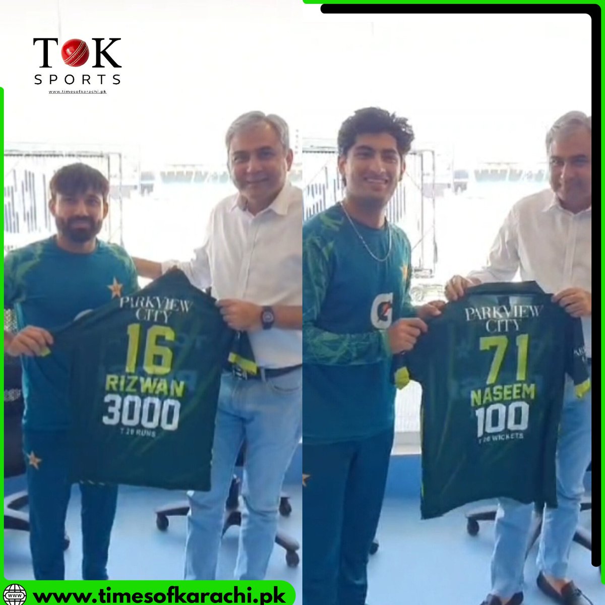 PCB Chairman Mohsin Naqvi presented a special green shirt to Mohammad Rizwan for completing 3000 runs in T20i matches, while Naseem Shah received the same honor for taking 100 wickets in T20i matches. #TOKSports #MohsinNaqvi #MohammadRizwan #NaseemShah