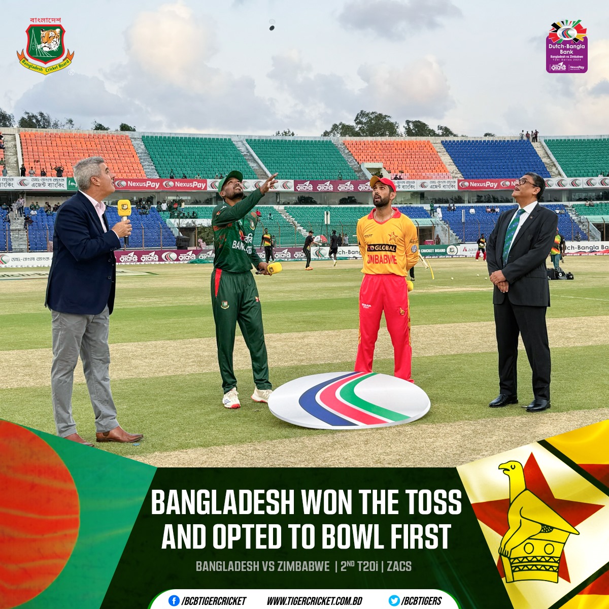 Dutch-Bangla Bank Bangladesh vs Zimbabwe T20i Series 2024 | 2nd T20i 🏏

Bangladesh won the Toss and decided to Bowl first

Details 👉: tigercricket.com.bd/live-score/zim…

#BANvZIM #BCB #Cricket #BDCricket #livecricket #Bangladesh