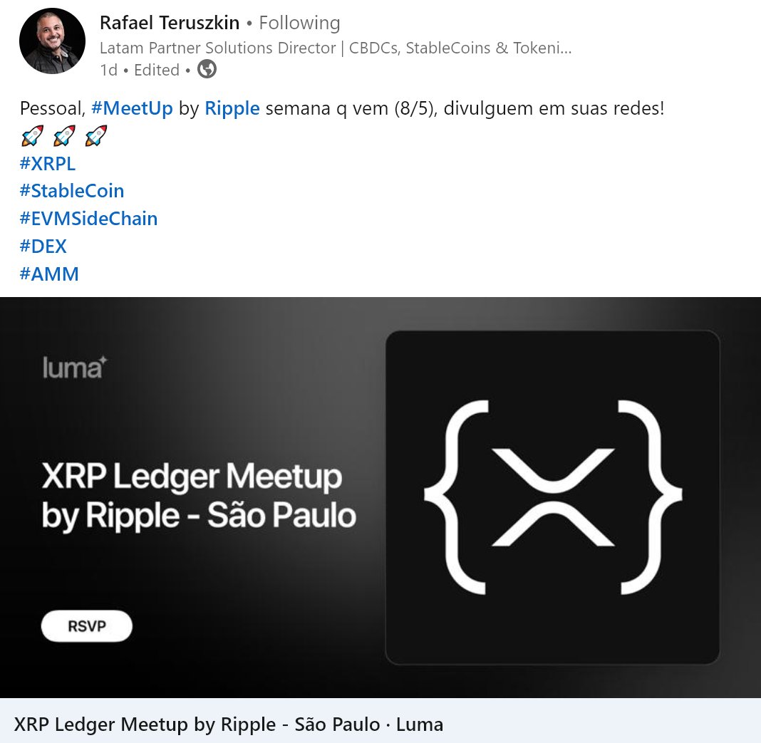 🇧🇷🪙  XRP LEDGER MEETUP BY #RIPPLE IN SAO PAULO ➡️ DISCUSSING THE #STABLECOIN #BRLA 

➡️ 'Meetup that XRP Ledger patrocinado pela Ripple e com apoio da BRLA!' ( 'XRP Ledger Meetup sponsored by Ripple and supported by BRLA!')
➡️ THE #BRLA #STABLECOIN PEGGED TO THE #BRASILIAN REAL…