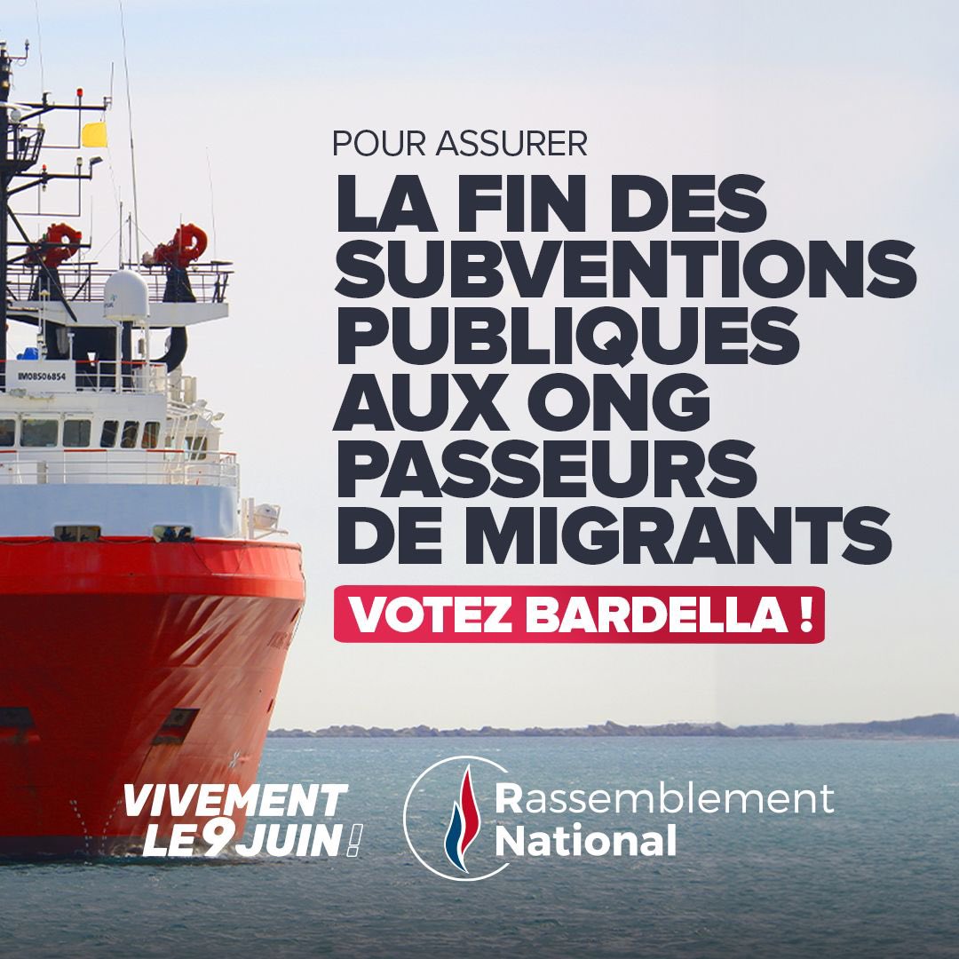 🔵 Supprimons les subventions publiques aux ONG pro-migrants, judiciarisons l'aide à l'immigration illégale et interdisons l'activité des bateaux encourageant les traversées illégales ! Ces associations sont les complices des mafias de passeurs ! #VivementLe9Juin #LeGrandJury