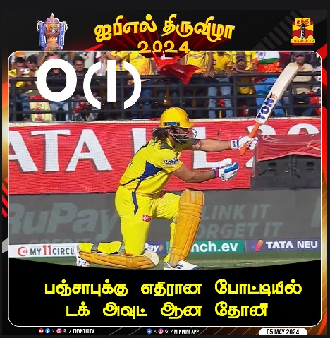 ThanthiTV's tweet image. பஞ்சாபுக்கு எதிரான போட்டியில்
டக் அவுட் ஆன தோனி 

#punjabkings #ChennaiSuperKings #cskvspkbs #PBKSvCSK #IPL2024 #ipl #Cricket #MSDhoni