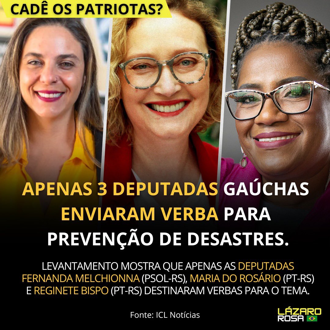 Passando só para relembrar que apenas três deputadas do Rio Grande do Sul destinaram emendas para prevenção de desastres: Fernanda Melchionna (PSOL), Maria do Rosário (PT) e Reginete Bispo (PT).