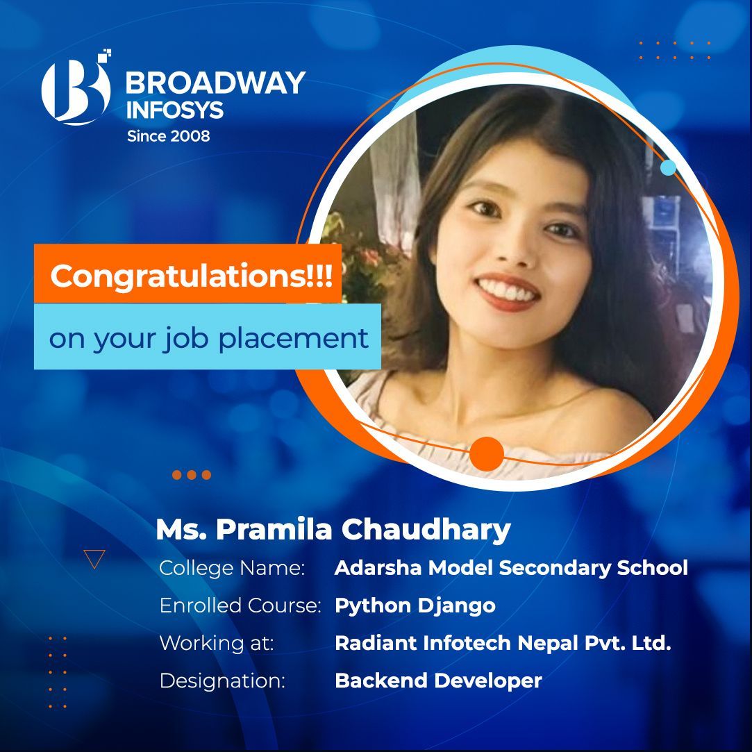 #JobPlacement

'A warm and hearty congratulations on your success! We wish you a very good luck for your future endeavours as well!'

buff.ly/3vyO68B

#ITTraininginNepal
#Placement
#Internship
#ITJobs
#BroadwayInfosys