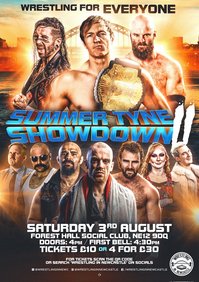 We are back Wrestling In Newcastle at the Forest Hall Social Club with Summer Tyne Showdown 2 🗓️ Saturday 3rd August 📍 Forest Hall Social Club (NE12 9DQ) 🕐 Doors 4pm, Ends by 7pm 🤼 Featuring an unreal line up! 🎟️ £10 or 4 for £30! Tickets are available now!