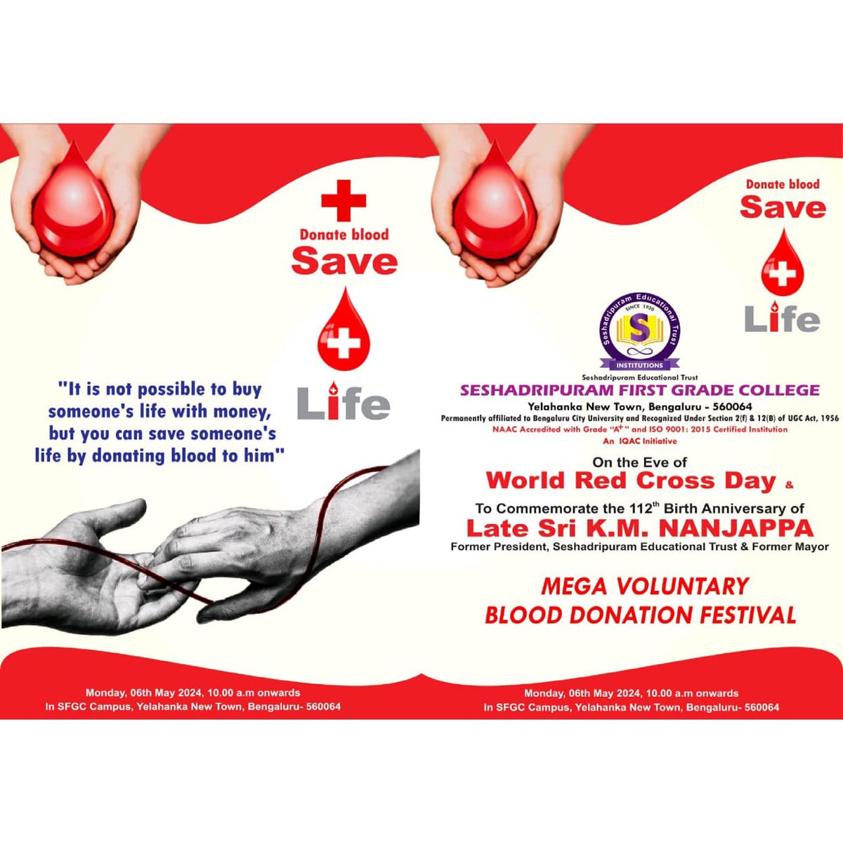 'Let's make May 6th, 2024, Monday, a day to remember as we come together to donate blood and save lives. In the midst of our busy lives, let's pause to make a difference, to extend a hand of hope, and to embody the true spirit of humanity. @NSSIndia @nssrdbangalore @KarnatakaNss