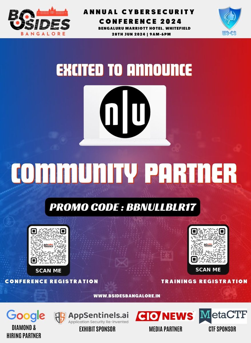 bsidesbangalore's tweet photo. Excited to announce @Nullblr as our community partner!        

Community Partner Discount Coupon Code: BBNULLBLR17 to avail 17% discount on available conference and training passes🤩

#bsidesbangalore2024 #cybersecurity #conference #w3cs https://t.co/ay6Ir9evhv