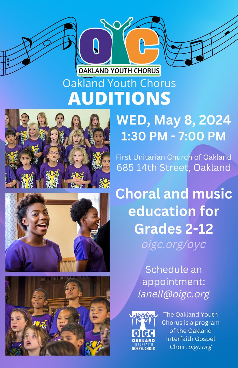 OYCforMe's tweet photo. Do you know a singer in 2-12th Grade? Come audition for the Oakland Youth Chorus on May 8! Singers develop musical skills, build confidence, and create positive social connections. Visit https://t.co/JOM0MC4BHw today!
#OYCforMe #OYC49 #YouthChorus #MusicEducation #ChoirNerd https://t.co/ZyJQARHbgv