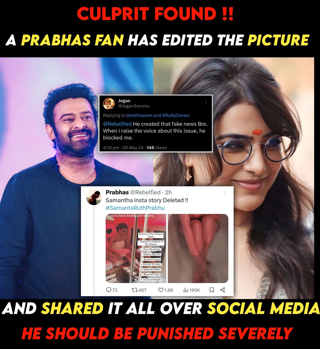 Exclusive news: It was #Prabhas fan who spread the fake news about #Samantha instagram story. Prabhas fans are the most toxic fans on social media and can go as low as possible to defame and spread negativity on any star. Samantha Ruth Prabhu official team has taken the…