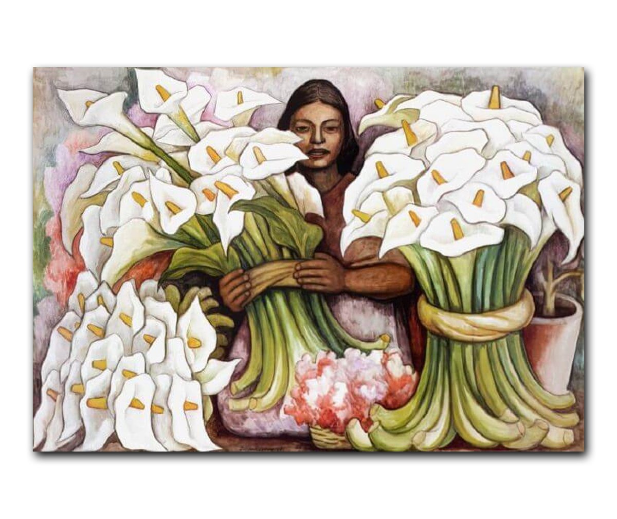 Art Inspiration For Today: Happy Cinco de Mayo Alcatraces Flower Seller by Diego Rivera (Mexican), oil on canvas, genre: Social Realism, 1938 #alcatracesflowerseller #diegorivera #mexicanart #socialrealism #artinspiration #oilpainting #modernism #cincodemayo #callalily #artonx