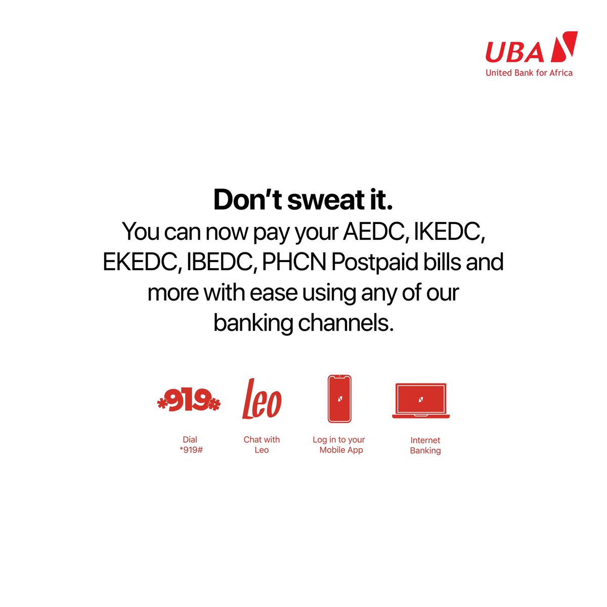 Don’t let a “power-less” Sunday dim your day. With any of our banking channels, you can easily pay your AEDC, IKEDC, EKEDC, IBEDC, and PHCN bills. Keep the good times rolling and the light on.💡 #AfricasGlobalBank