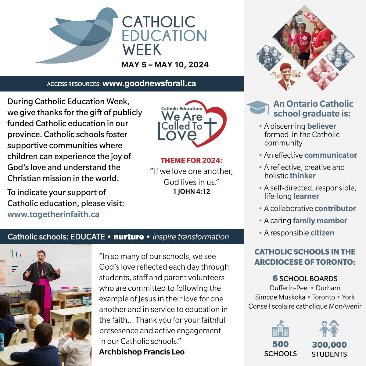 May 5-10, 2024 is Catholic Education Week! This year's theme is #CatholicEducation: We are called to love, inspired by 1 John 4:12: 'If we love one another, God lives in us.' Learn more at goodnewsforall.ca #CEW2024