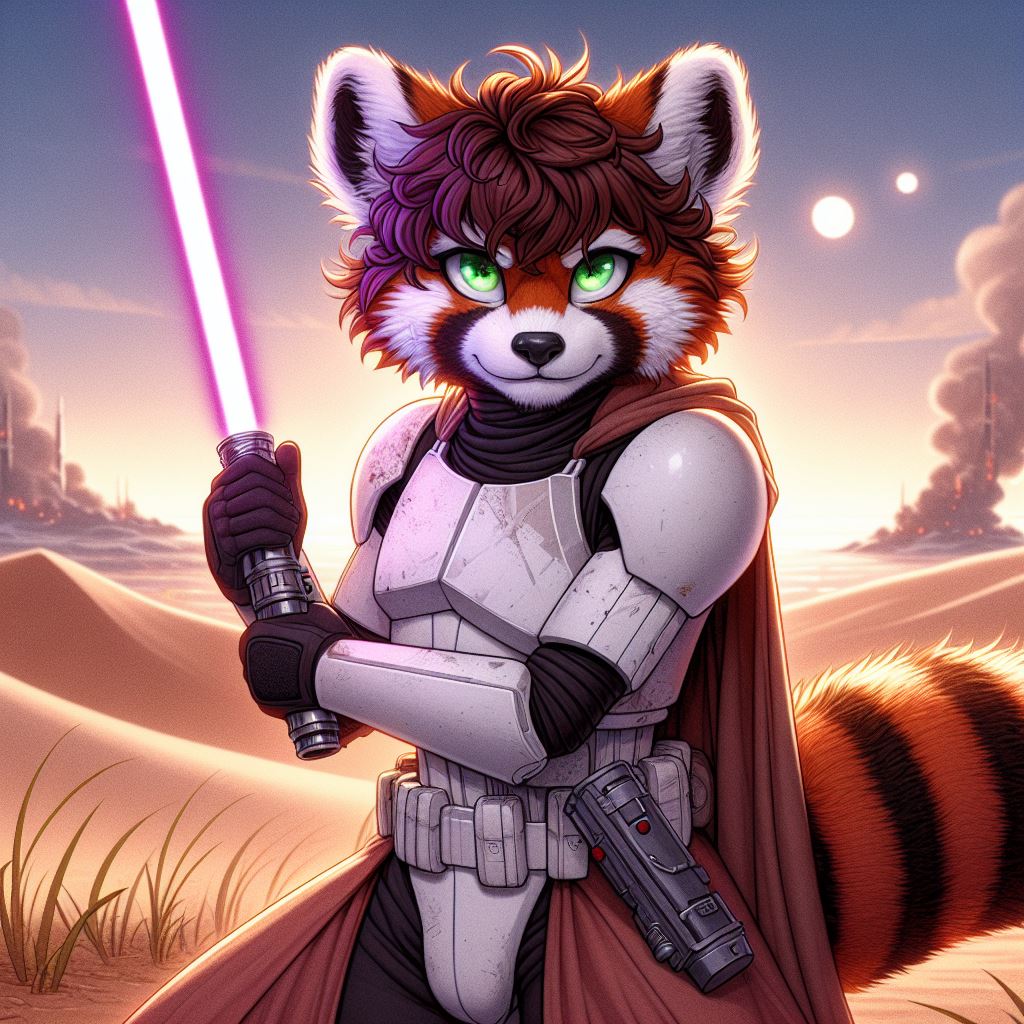 Natski_Desmodia's tweet photo. It May not be May the 4th anymay...er...more but for @Feliciafoxpaws' #Maythe4thAI challenge I present you:
A young Sith apprentice who found her prey and a battle hardened Jedi master.
#bingimagecreator #AIart #AIArtwork #AIArtworks #furryaiart #aiartfurry #furryai #aifurryart https://t.co/iaRQkm9sGa