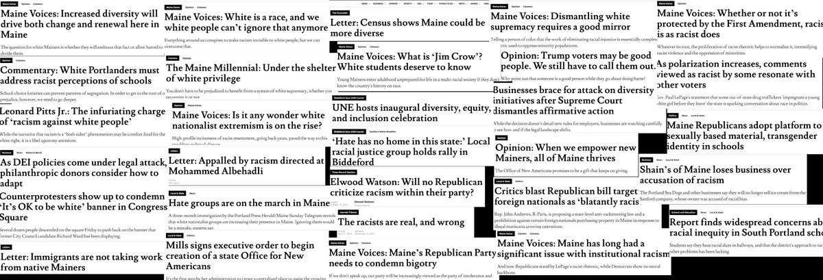 #Maine #MEpolitics @PressHerald 
Portland Press Herald spends 95% of their time telling Mainers they are racists, attacking Republicans, demanding Diversity Equity & Inclusion

100% of their staff is White or Jewish

It took me 3 min to find the headlines.  Who is spreading hate?