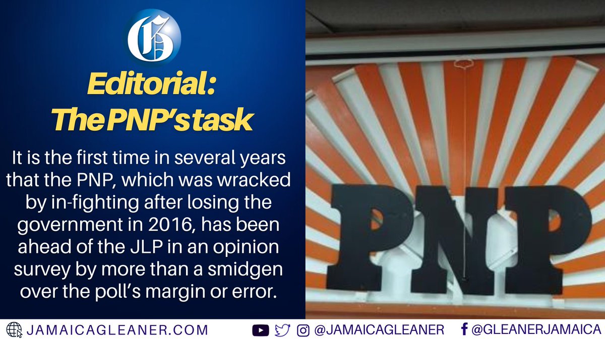 Going by Don Anderson’s recent opinion poll – which this newspaper has no reason to question – as well as the results of last February’s municipal vote – the People’s National Party has a decent shot at winning the general election.

Read more: jamaica-gleaner.com/article/commen… #GLNROped