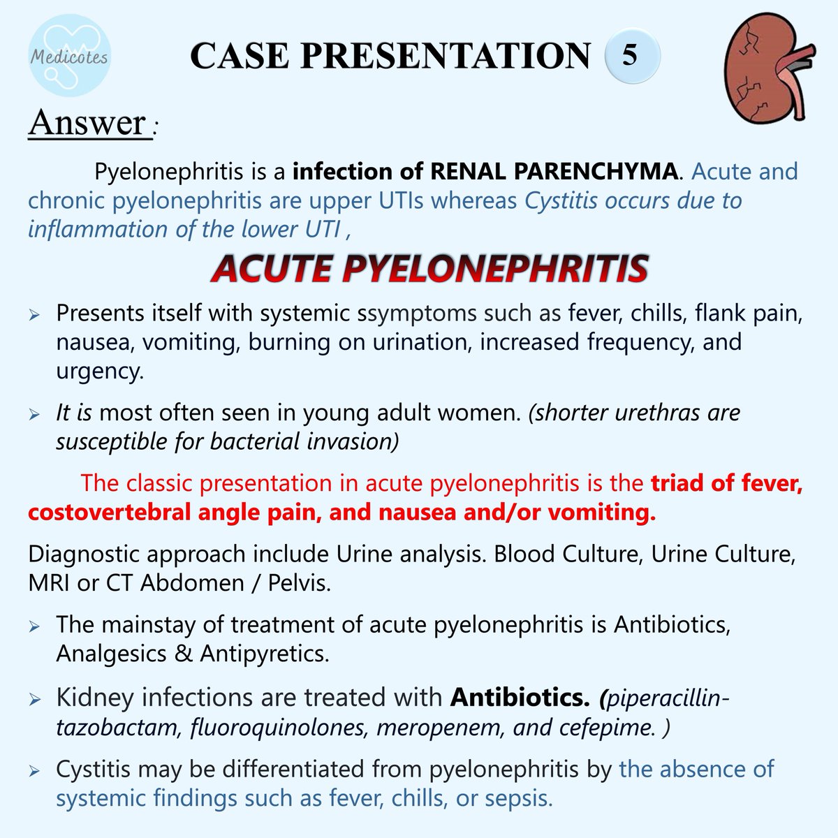 Acute pyelonephritis is a bacterial infection causing inflammation of the kidneys.

Complication include urosepsis, renal abscess, septic shock and acute kidney injury (AKI)

#medicotes #medi_cotes #questformedicine #acutepyelonephritis #questformedicine  #meded #urology