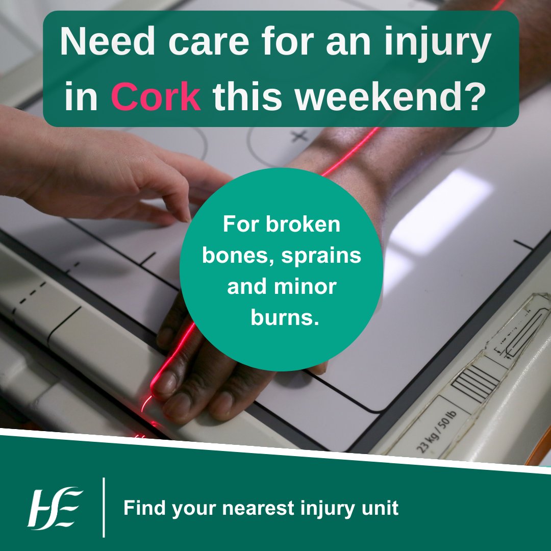 🟢If you need care for an injury this long weekend please consider visiting your local injury unit 🩻Did you know that you can be treated for broken bones, dislocations, and minor burns in our #InjuryUnits 📲Find full details here: hse.ie/injuryunits