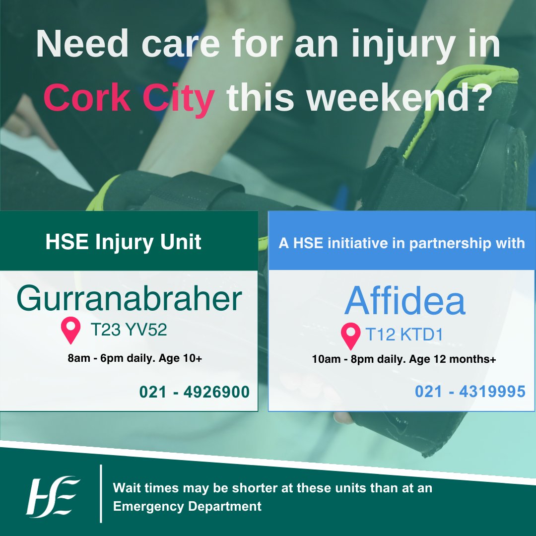 🟢Know Your Healthcare Options This May Bank Holiday Weekend #DYK you can be treated for broken bones, dislocations, and minor burns in our #InjuryUnits ➡️You can visit the following injury units in Cork City - Gurranabraher - Affidea ℹ️Full details: hse.ie/injuryunits