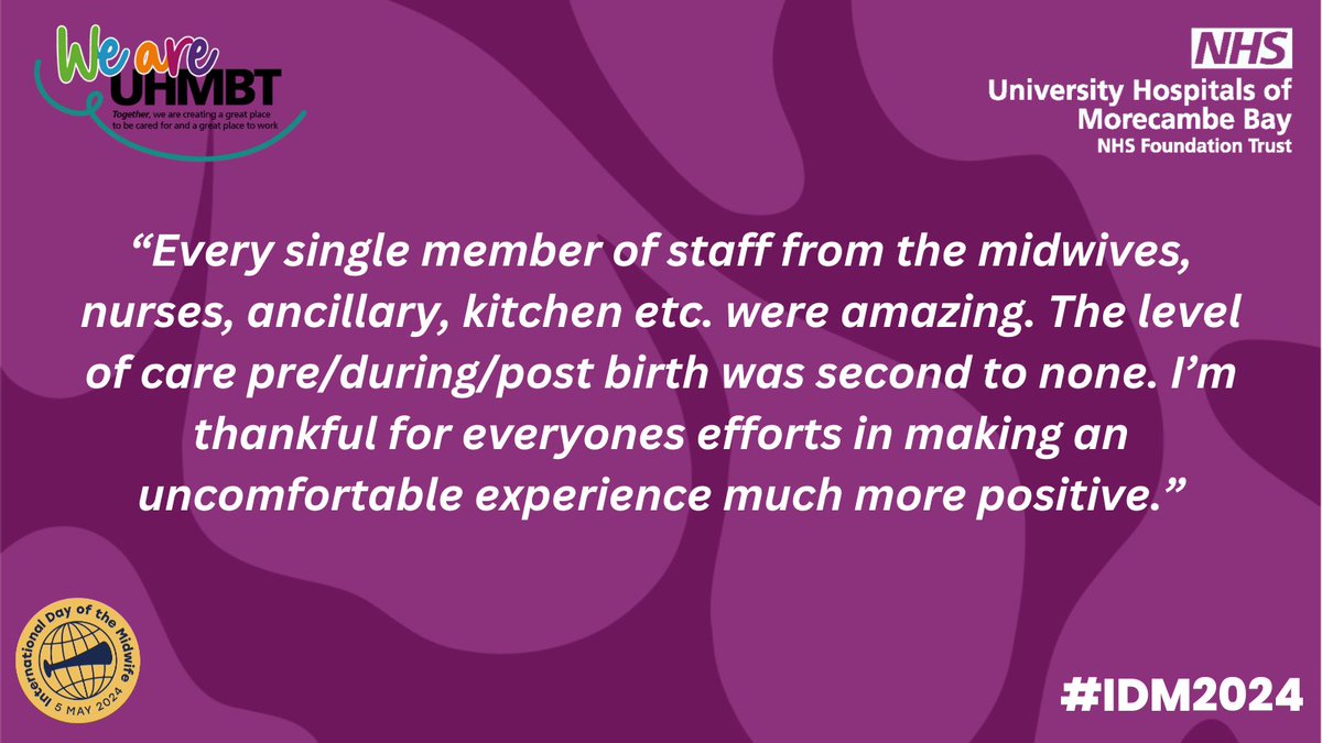 'Every single member of staff were amazing'. Today we're celebrating our amazing Midwives & maternity colleagues for #IDM2024! You can send a message or thank you to one of our teams or a colleague on our website: uhmb.nhs.uk/get-in-touch/s…