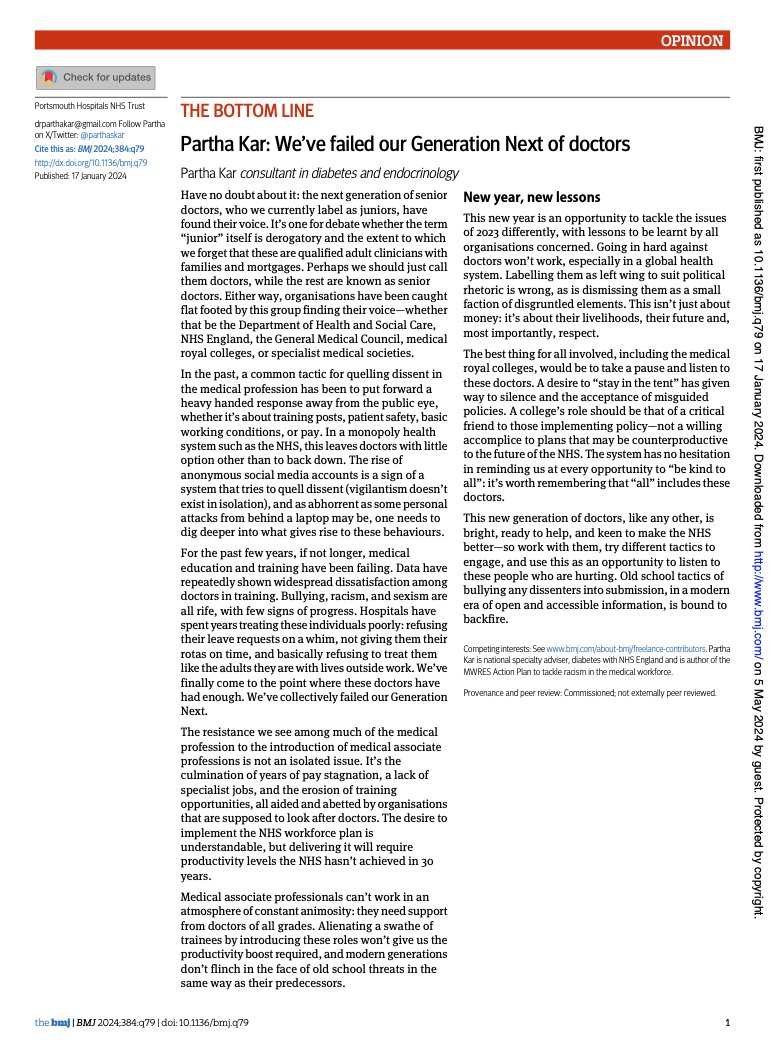 At the turn of 2024? I had asked-via @bmj_latest ALL organisations to reflect, listen to next generation doctors & stop the gaslighting Yet here we are-lurching into further disasters There is no question We’ve collectively failed our Generation Next. bmj.com/content/384/bm…