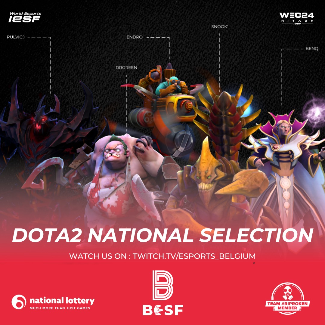 #DOTA2 community 👀

Exciting News! 

Introducing our National Team for DOTA2 🏆

Let's make 🇧🇪 proud! 💪

Watch us on twitch.tv/esports_belgium

#wec24 #iesf #omdathetkan #parcequecestpossible #lotto
