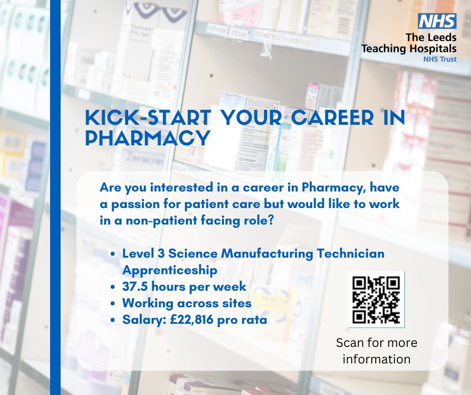 Leeds Teaching Hospitals NHS Trust Pharmacy Preparative Services are seeking people to join our friendly teams in Pharmacy. For more information, please email healthandcaretalent@nhs.net. Further information, scan the QR code or fill out our form here - forms.monday.com/forms/f38e185a…