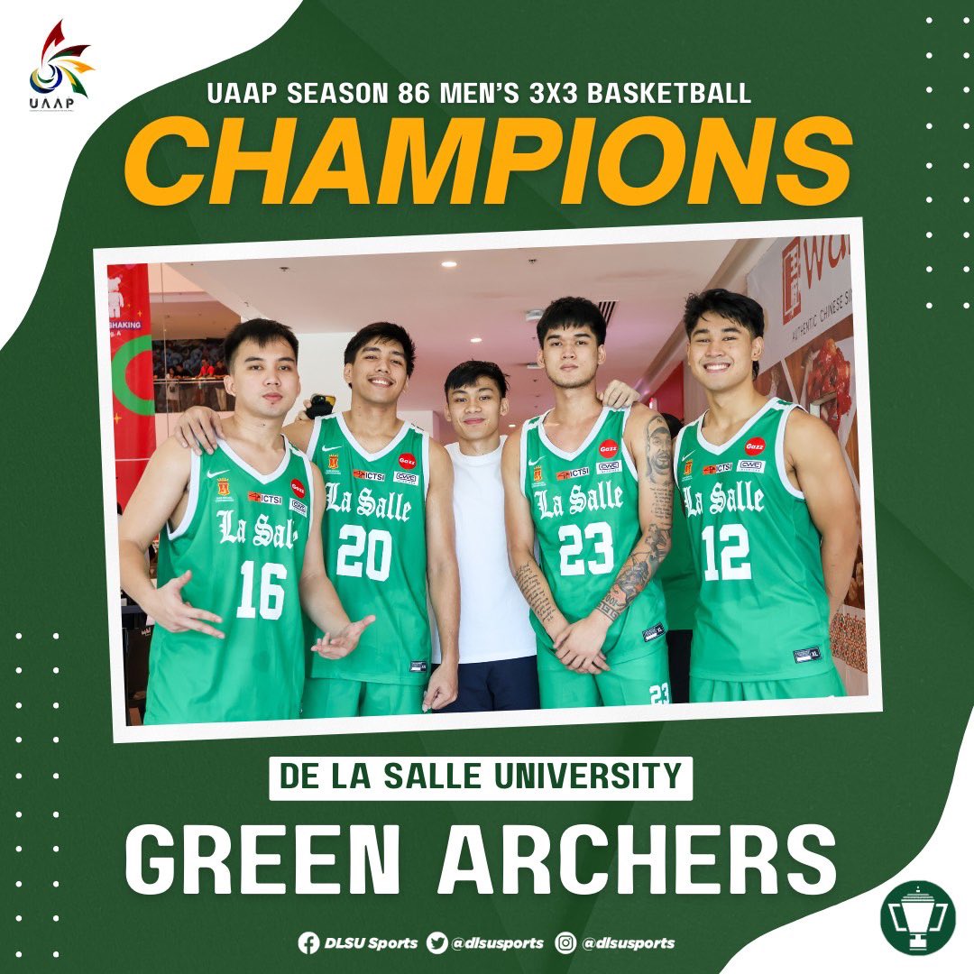 BACK ON THE THRONE 🏆

The DLSU Green Archers strongly charge on as the #UAAPSeason86 3x3 Men’s Basketball Tournament Champions after dealing a thrilling challenge against the UE Red Warriors, 17-16 ! 🏹

 #GreenAllIn4TheWin #GoLaSalle #AnimoLaSalle #DLSUSports