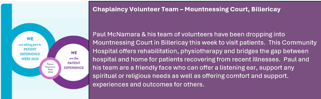 We hope you have enjoyed hearing about some of the amazing work our Patient Experience Teams are doing as part of Patient Experience Week! Or final post highlights the work of our lovely Chaplaincy Team who offer support across our services.