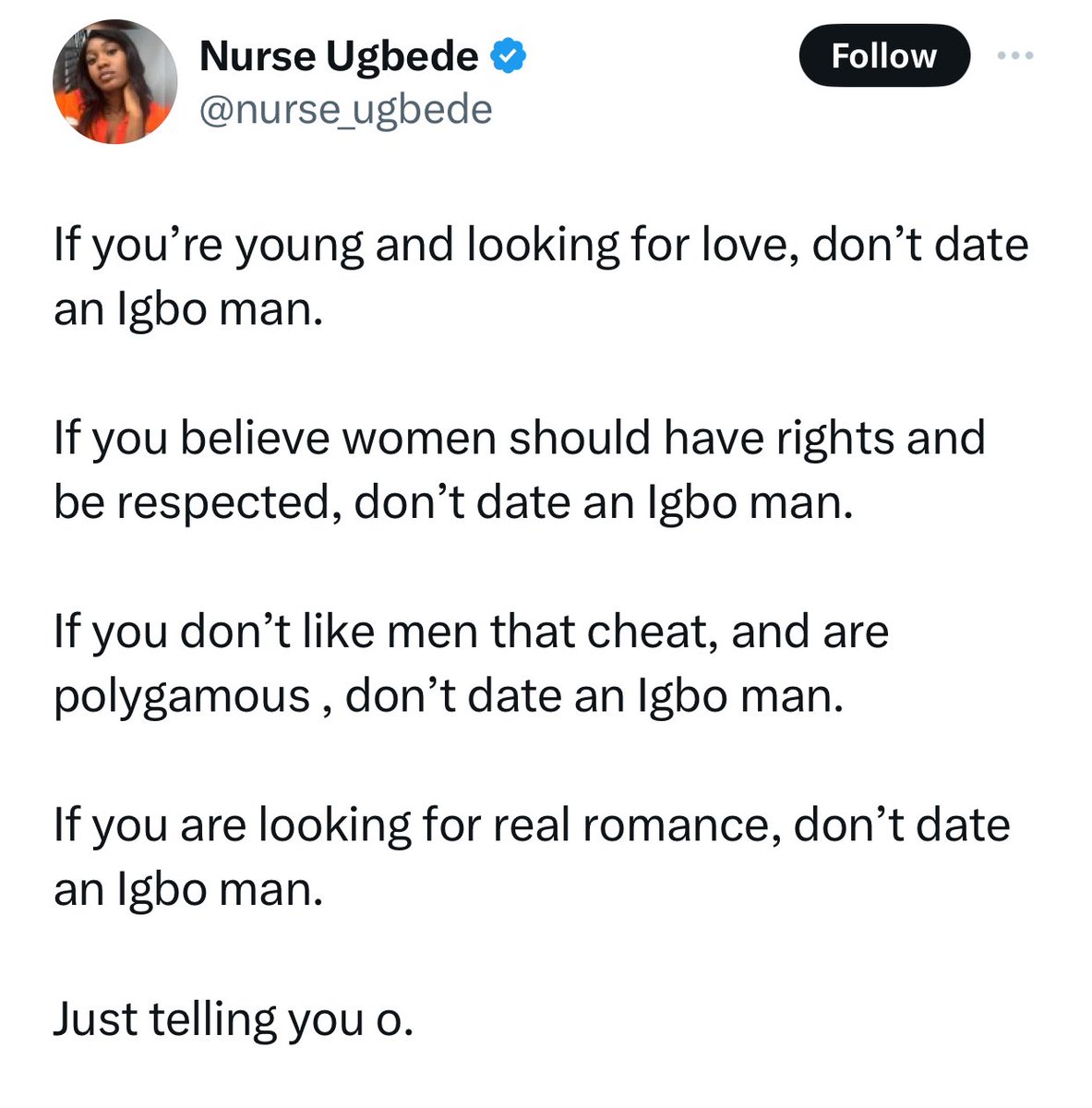 Disrespecting your own in the quest for clout and Elon’s money, is highest level of nzuzu and iberibe. Same Igbo men other women are fighting for, and want to spend their lives with, is what an Igbo woman is denigrating and vilifying like this. Anyways, one thing I love about…