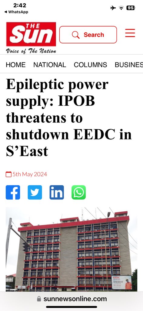 Epileptic power supply: #IPOB threatens to shutdown #EEDC in S’East #EEDC is defrauding her consumers with exorbitant electricity bills without supplying the power. The company has refused to give her consumers prepaid electricity meters, but keeps giving illegal estimated…