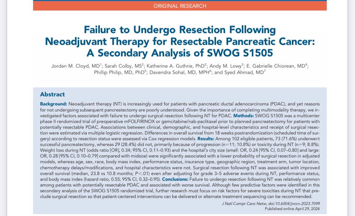 🔴Reasons for not undergoing subsequent pancreatectomy after neoadjuvant treatment in pancreatic cancer
Secondary Analysis of @SWOG S1505
@JNCCN  

➡️28.4% did not have surgery
✔️progression 10.8%
✔️toxicity during NT 8.8%
✔️Weight loss and  hospital’s city size were associated…