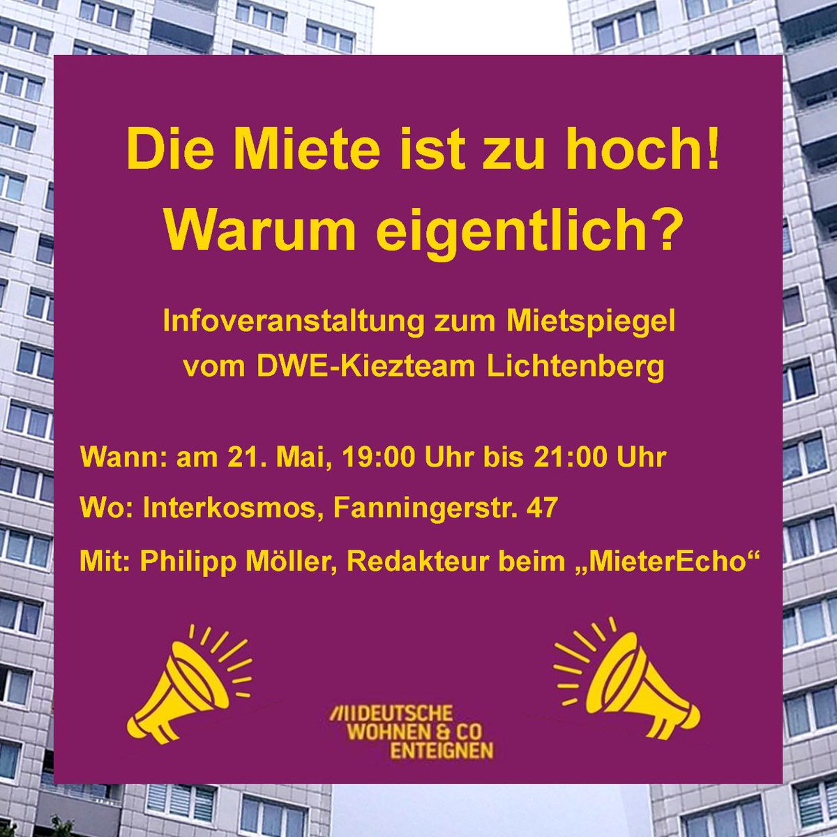 Bald kommt der neue Mietspiegel, oft steigen die Mieten danach spürbar an.🤨Was verbirgt sich hinter dem Mietspiegel? Wie wird er erstellt, warum sind die Mieter:innenorgas beteiligt? Wie ist der aktuelle Stand bei DWE? What’s next? Kommt vorbei, wir freuen uns auf Euch! 💛💜