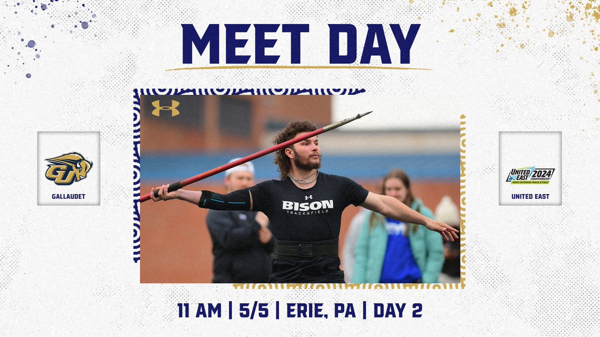 Gallaudet Men’s Outdoor Track & Field Meet Day  
United East Championship 🏆 - Day 2
⏰ 11 AM
🆚 @GoUnitedEast 
📍 Erie, PA (Hosted by @PSBAthletics)
📊 milesplit.live/meets/619399
📹 boxcast.tv/view/united-ea…
#GUBison | #d3track