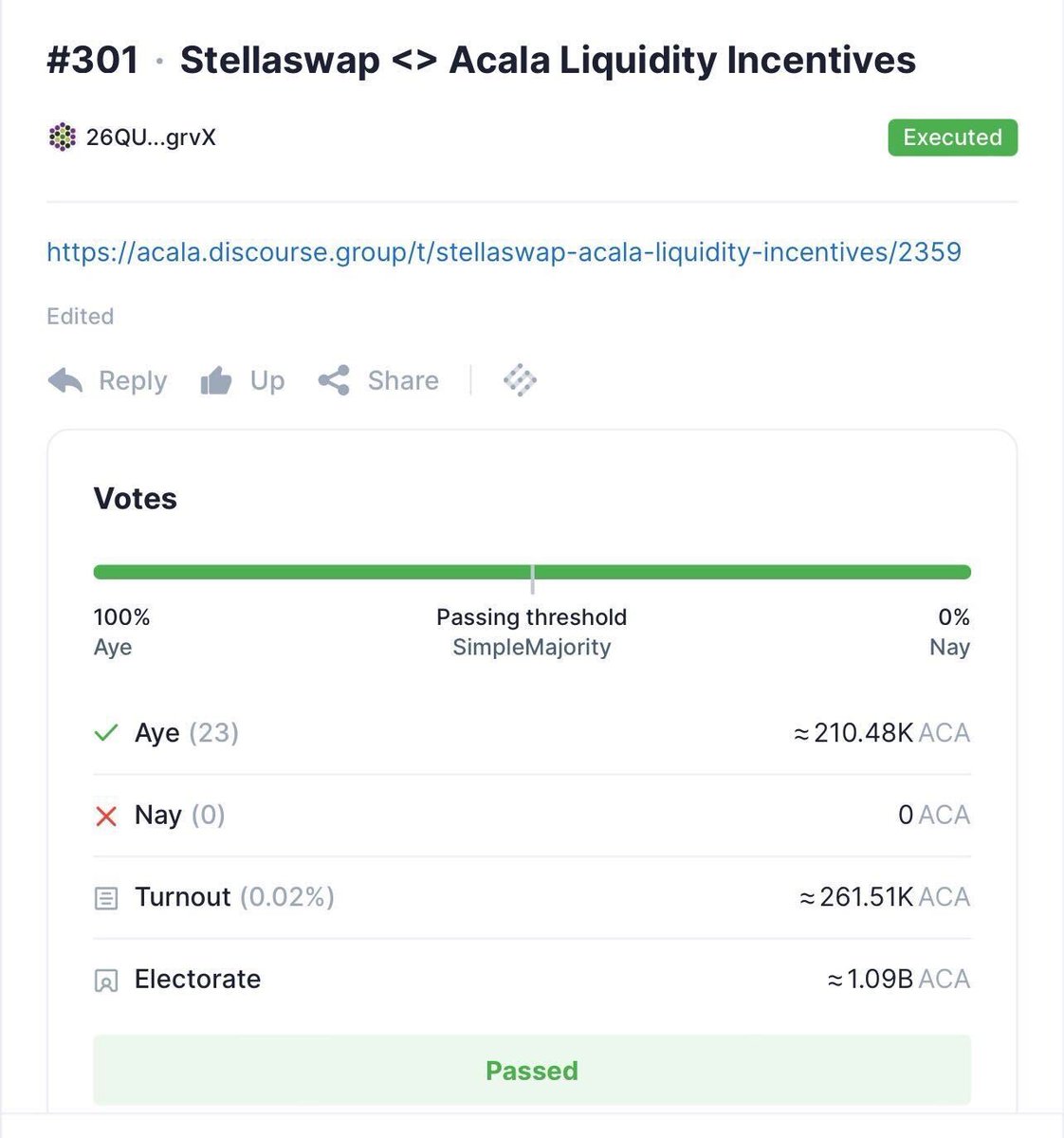 🎉 @AcalaNetwork incentives coming to StellaSwap! 🚀 Great to see the Acala community passing the motion to further incentivise $ACA pool alongside our upcoming $DOT incentive campaign 👏 Are you ready? acala.subsquare.io/democracy/refe…