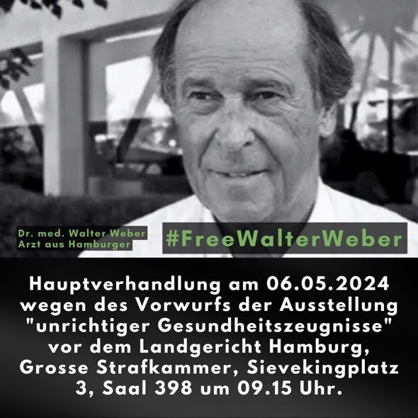 LASST UNS SOVIEL WIE MÖGLICHE REPOSTS 

GEGENSEITIG 
SCHAFFEN! 

SUCHT #FreeWalterWeber

EIN  P A A R   REPOSTS BITTE! 

RECHT 🙏

53 Jahre medizinische Hilfe u immer nach besten Wissen u Gewissen gehandelt! 
Jetzt soll d nächste Arzt nach 18 Verhandlungstagen verurteilt werden!