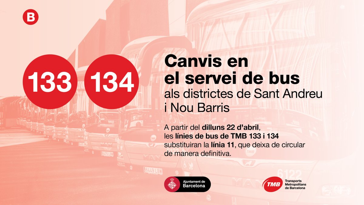 BCN_Mobilitat's tweet image. 🚌 @TMB_Barcelona millora el transport públic amb dues noves línies de #busbcn: la 133 i la 134!

Substituiran l’actual línia 11 amb l’objectiu de millorar  l’oferta de transport públic per a les persones usuàries a @BCN_SantAndreu i @Bcn_NouBarris.

via.bcn/Z0cl50Rhblk