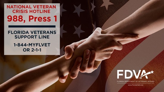 May is Mental Health Awareness Month. For 24/7 counsel, call the National Veteran Crisis Hotline at 988, and Press 1. You may also call the Florida Veterans Support Line at 1-844-MyFLVet (1-844-693-5838) or dial 211. #FDVA #FLVets🇺🇸