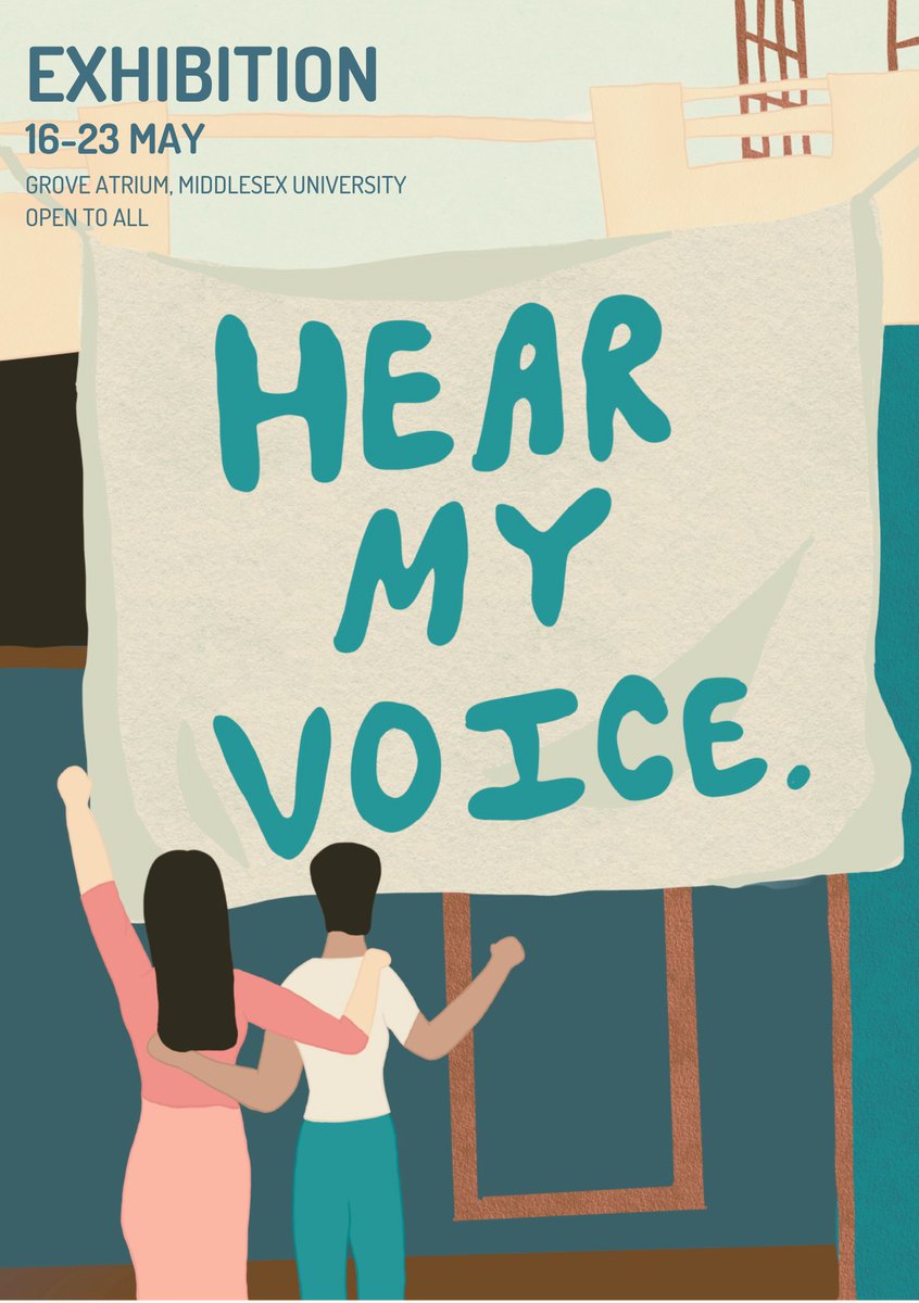 We’re partnering with @MiddlesexUni  to host an exhibition ‘#HearMyVoice‘ from 16-23 May to shine a spotlight on misogyny and violence against women and girls. 
Join us throughout the week for various activities 
Find out more: ow.ly/OAG750RvAca