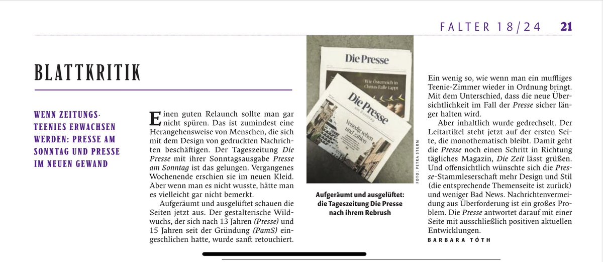 Danke, <a href="/barbaratoth/">Barbara Tóth</a> für die Blattkritik im <a href="/falter_at/">@falter_at</a> nach dem Relaunch der <a href="/DiePressecom/">Die Presse</a>. Sowas freut immer, aber nach arbeitsintensiven Wochen noch mehr! P.S.: Auch bei den Podcasts ist sehr viel neu, aber wer nicht genau schaut (und hört), merkts vielleicht auch nicht gleich!